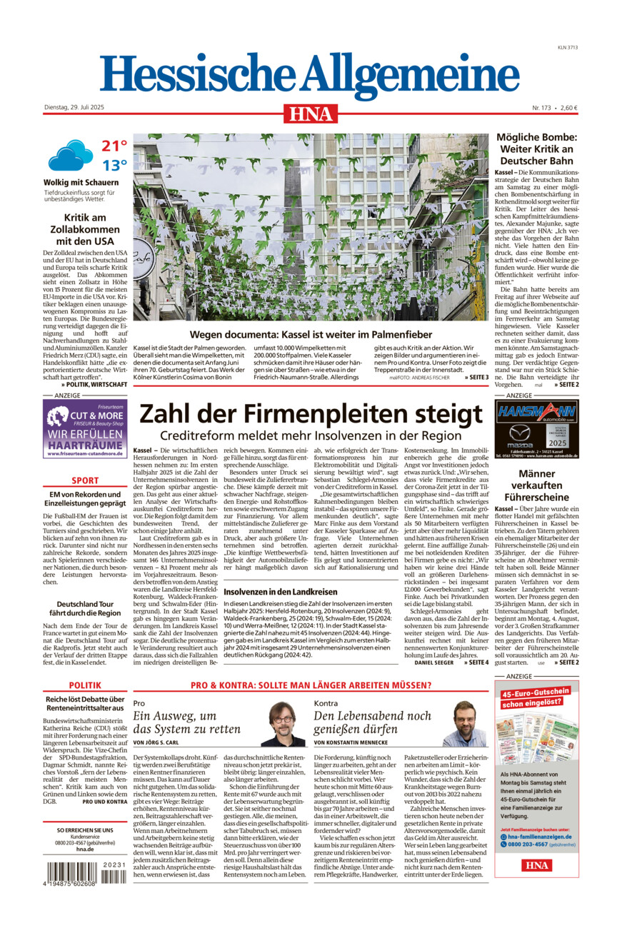 Hessische Allgemeine (Kassel-Nord) vom Dienstag, 29.07.2025