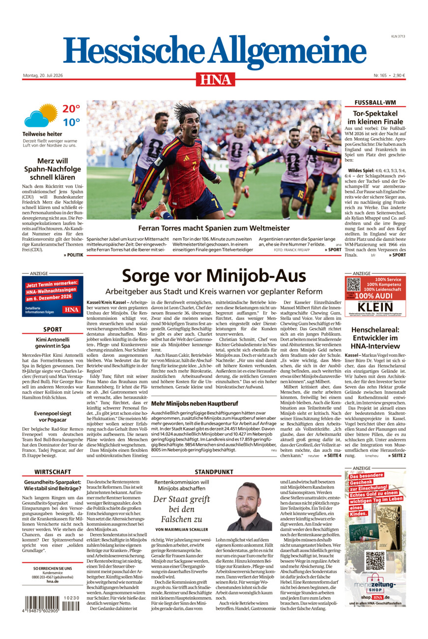 Hessische Allgemeine (Kassel-Nord) vom Montag, 20.07.2026