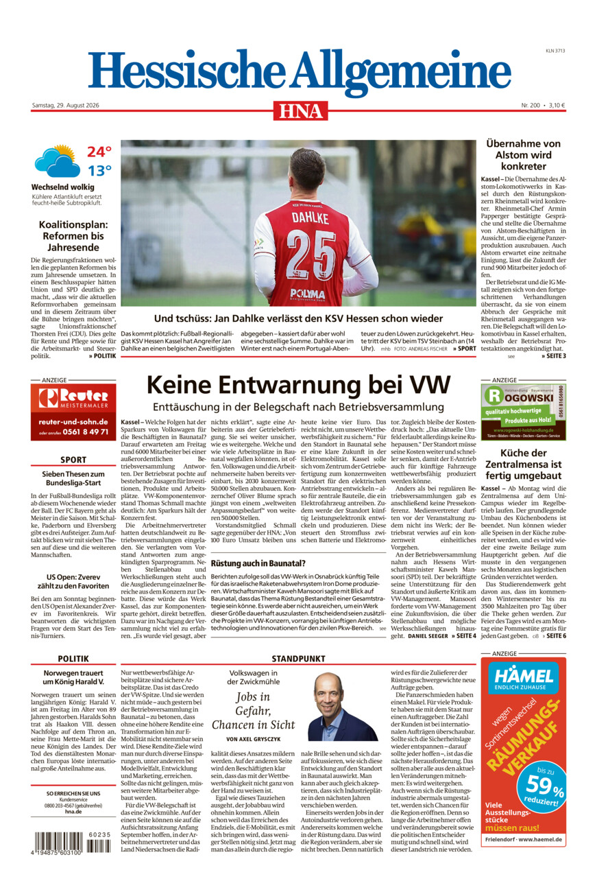 Hessische Allgemeine (Kassel-Nord) vom Samstag, 29.08.2026