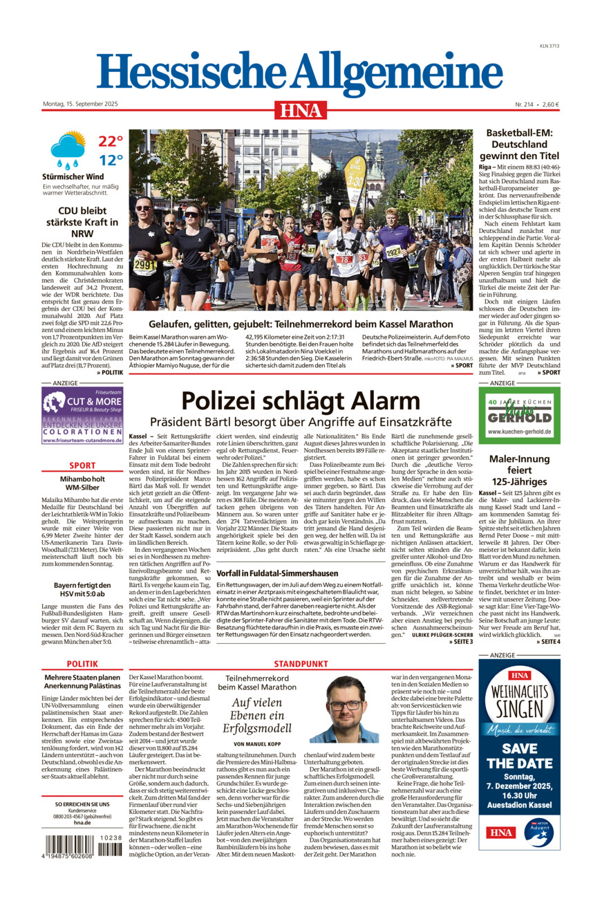Hessische Allgemeine (Kassel-Nord) vom Montag, 15.09.2025