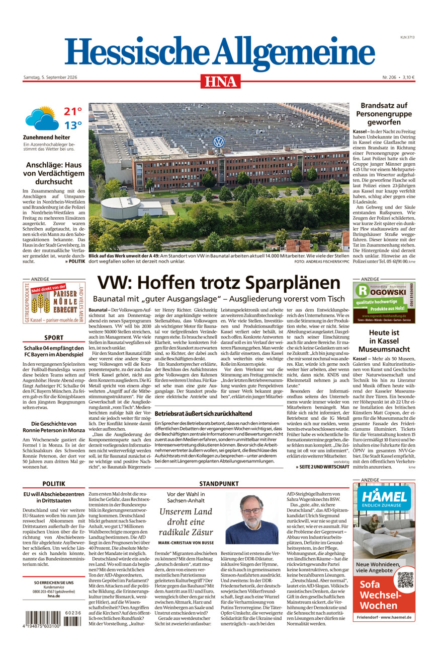 Hessische Allgemeine (Kassel-Nord) vom Samstag, 05.09.2026