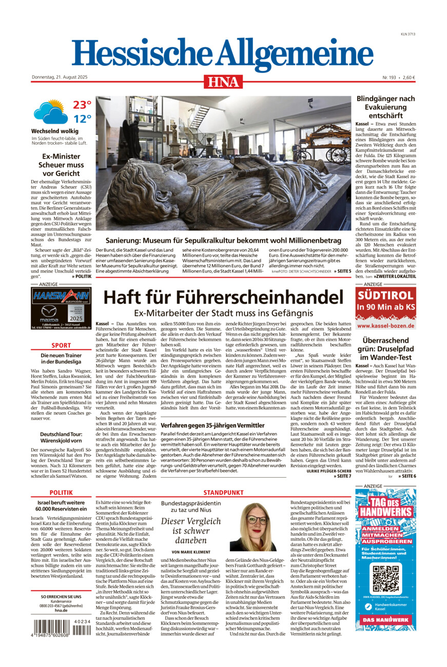 Hessische Allgemeine (Kassel-Nord) vom Donnerstag, 21.08.2025