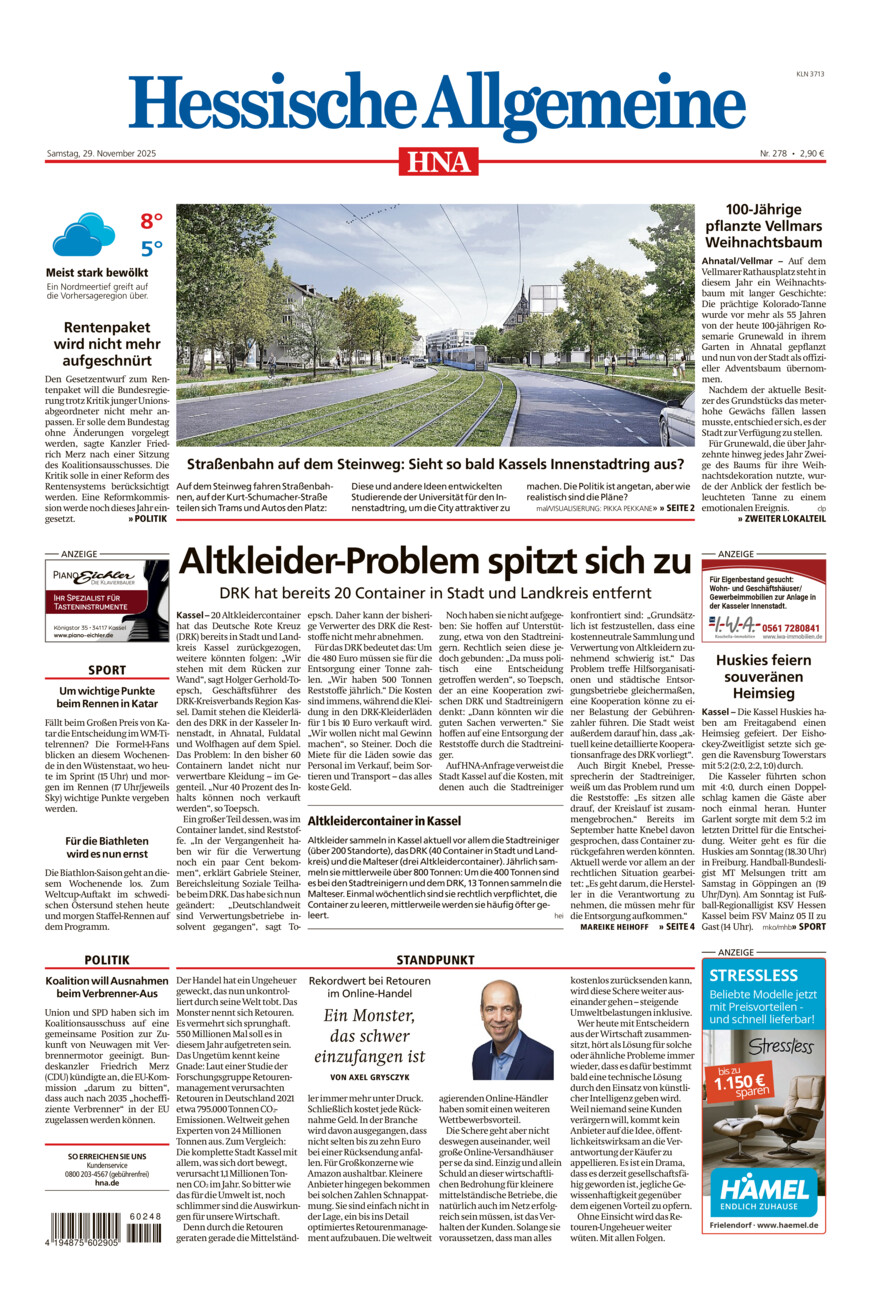 Hessische Allgemeine (Kassel-Nord) vom Samstag, 29.11.2025