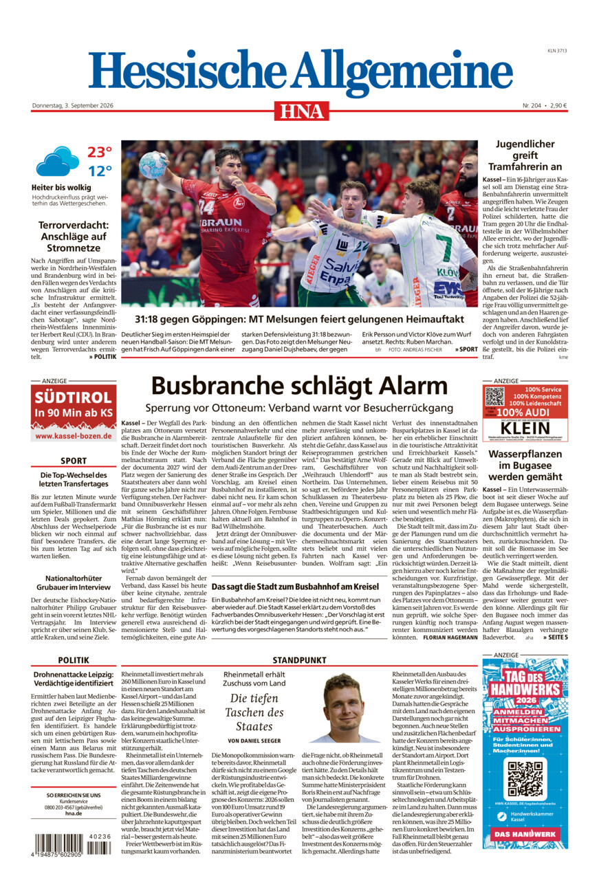 Hessische Allgemeine (Kassel-Nord) vom Donnerstag, 03.09.2026