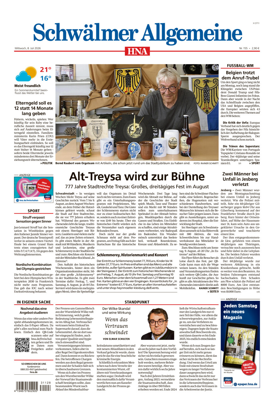 Schwälmer Allgemeine vom Mittwoch, 08.07.2026