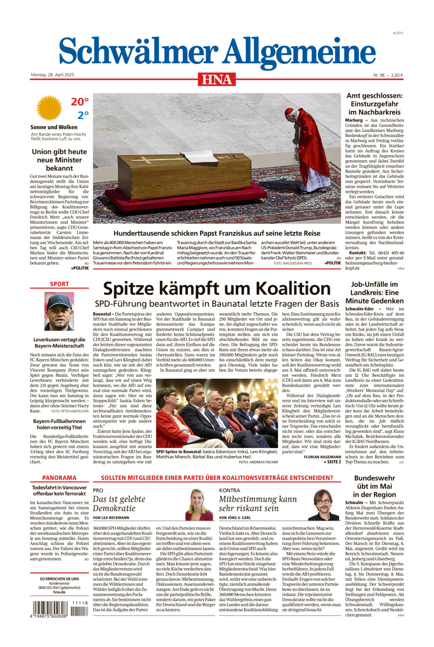 Schwälmer Allgemeine vom Montag, 28.04.2025