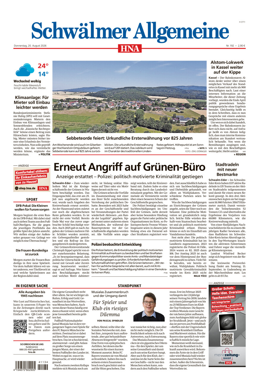 Schwälmer Allgemeine vom Donnerstag, 20.08.2026