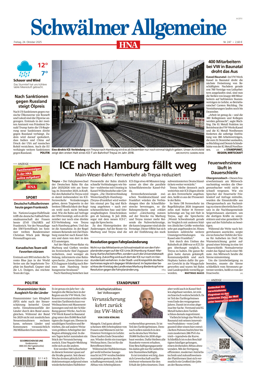 Schwälmer Allgemeine vom Freitag, 24.10.2025