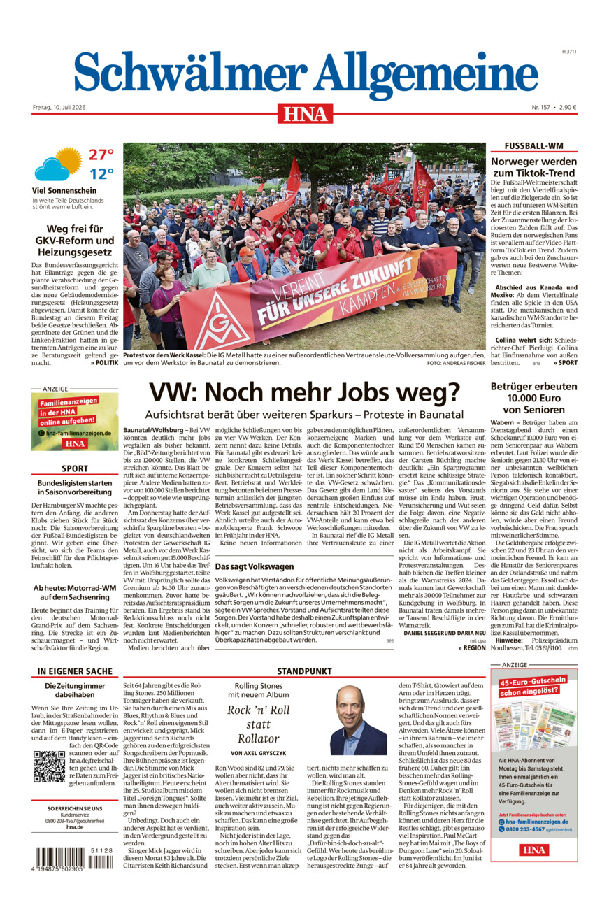 Schwälmer Allgemeine vom Freitag, 10.07.2026
