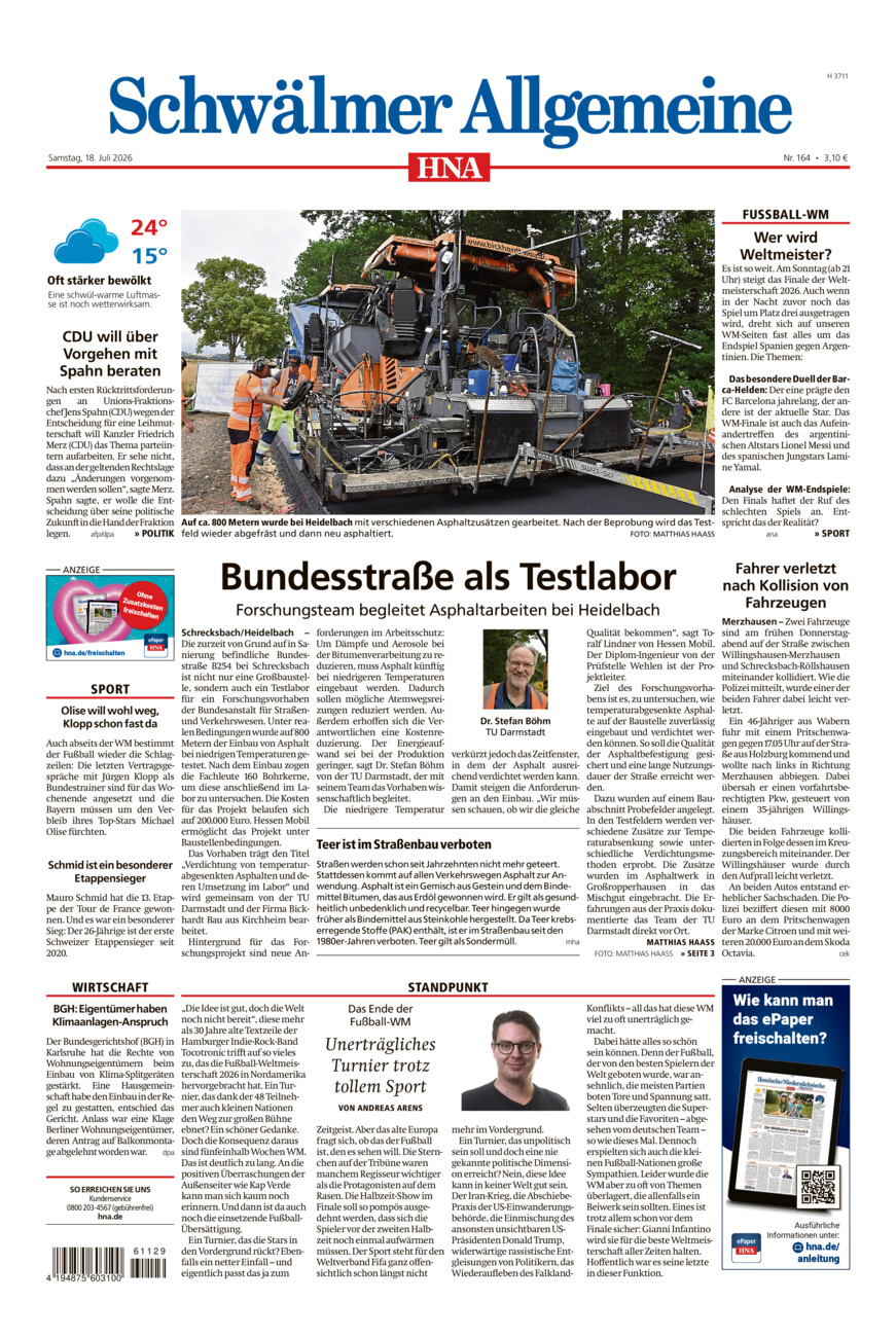 Schwälmer Allgemeine vom Samstag, 18.07.2026
