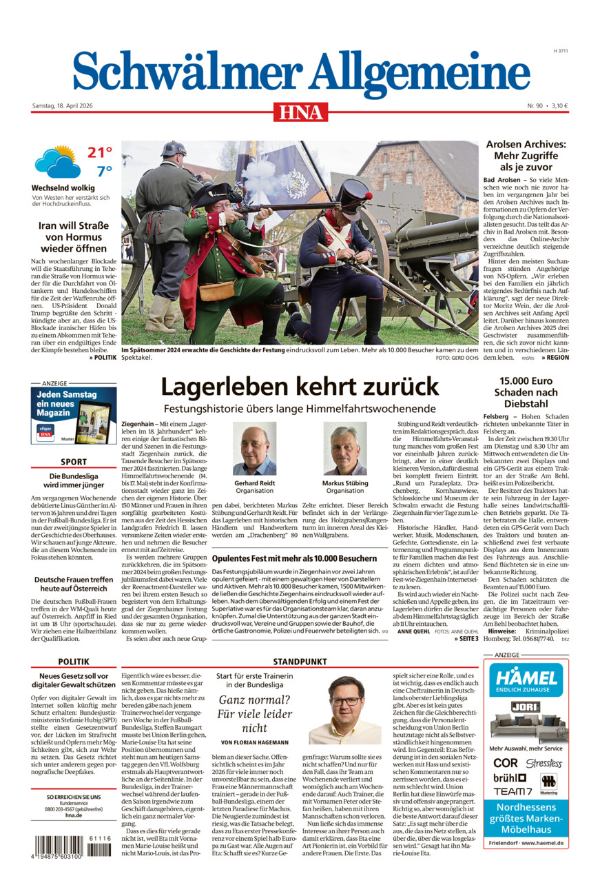 Schwälmer Allgemeine vom Samstag, 18.04.2026
