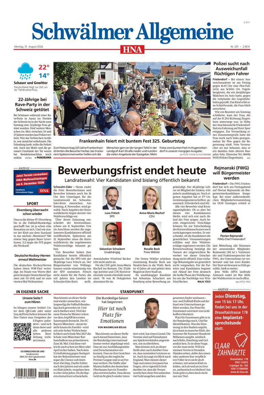 Schwälmer Allgemeine vom Montag, 31.08.2026