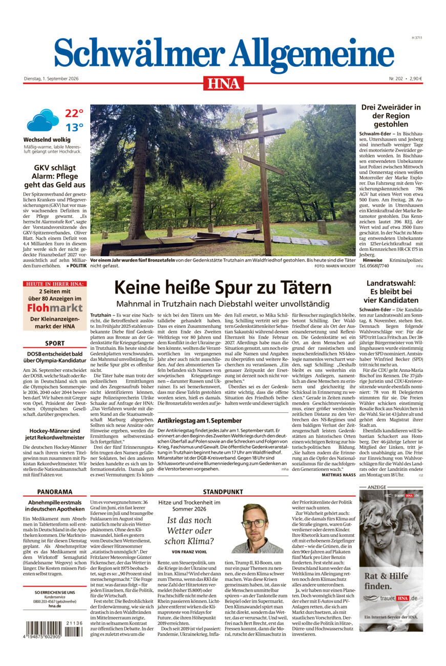 Schwälmer Allgemeine vom Dienstag, 01.09.2026