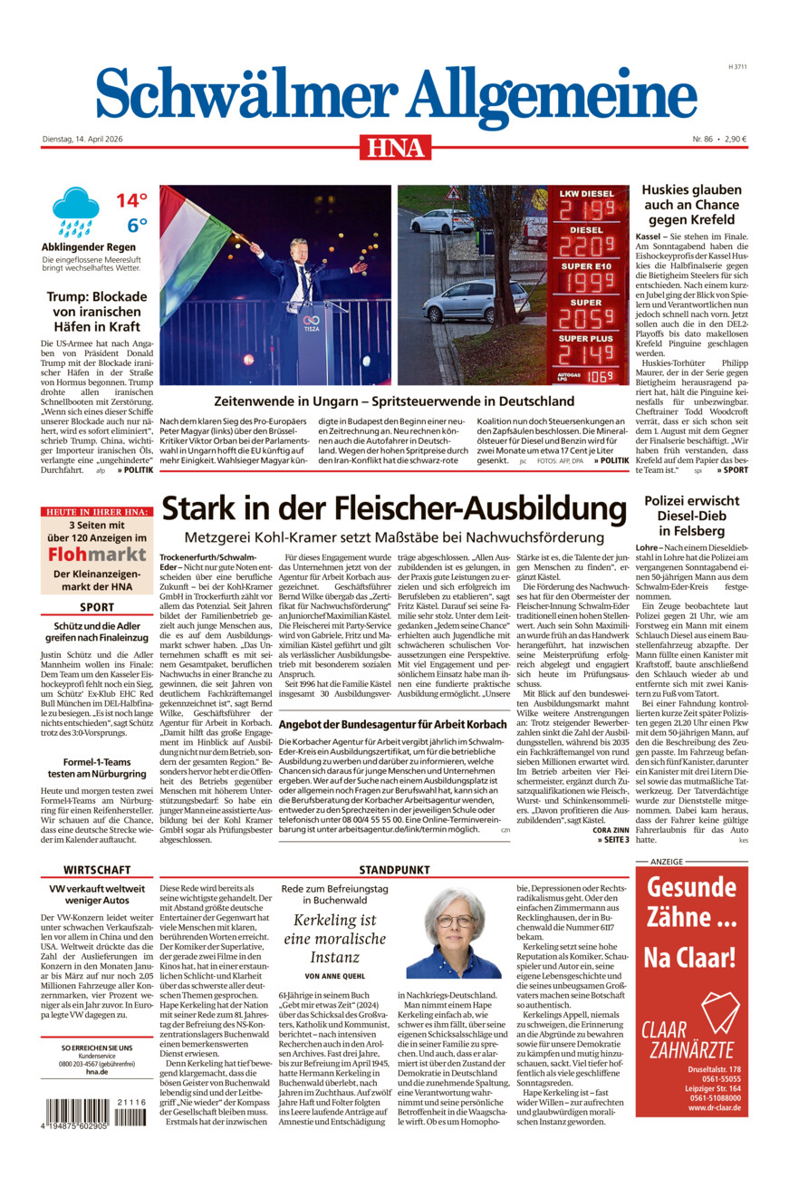 Schwälmer Allgemeine vom Dienstag, 14.04.2026