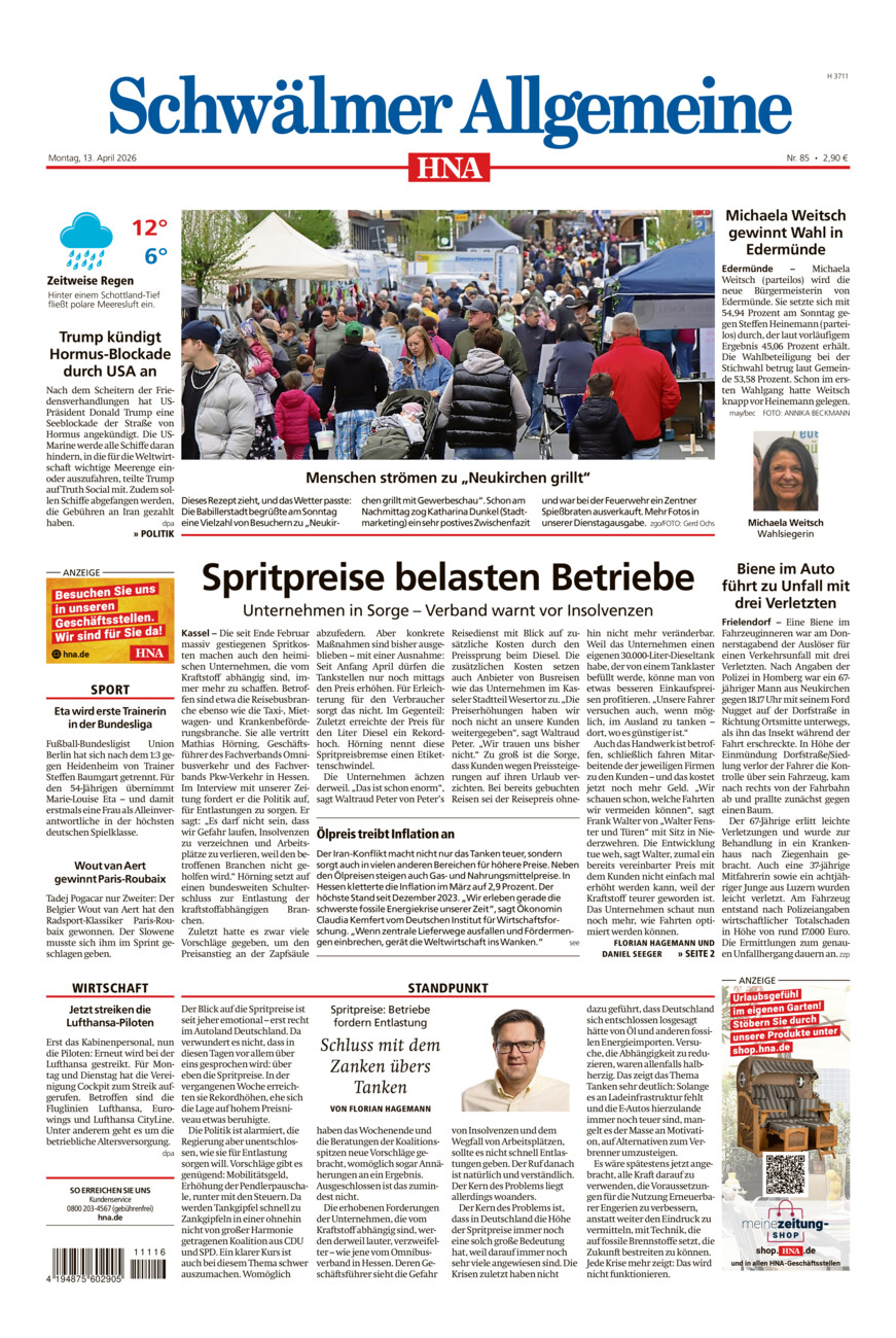 Schwälmer Allgemeine vom Montag, 13.04.2026