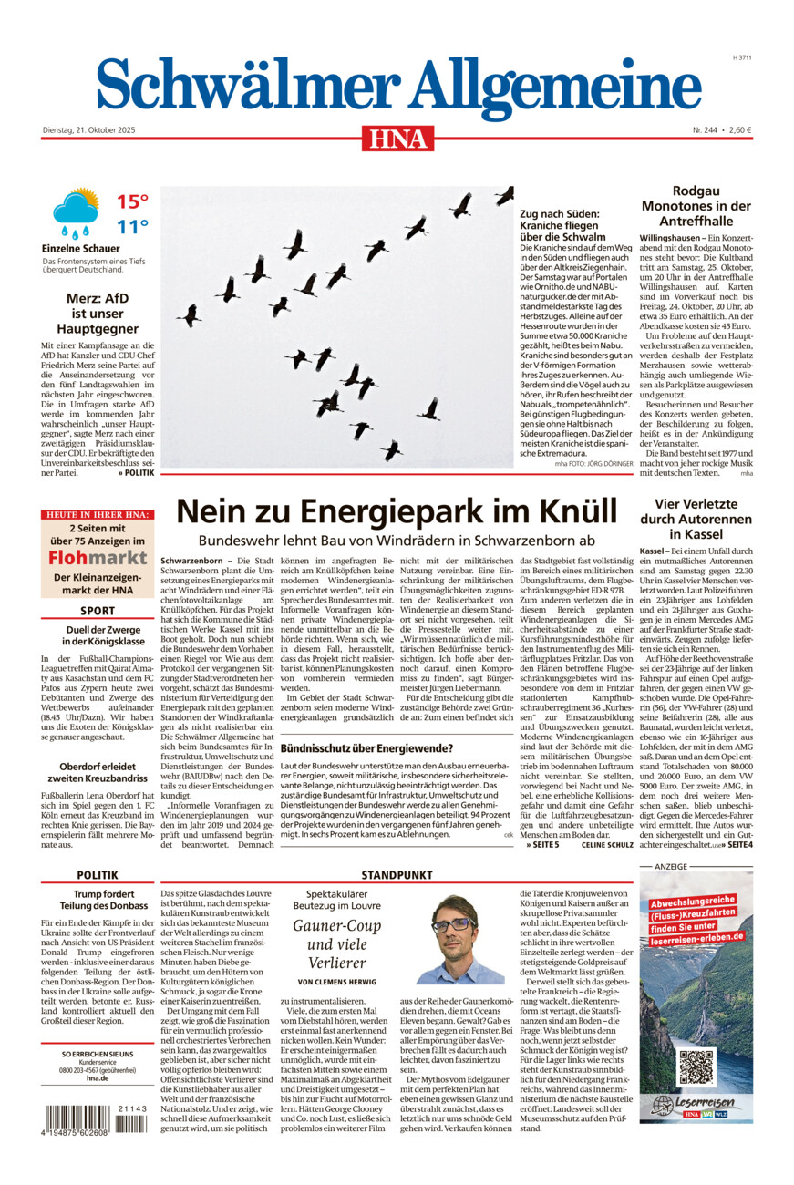 Schwälmer Allgemeine vom Dienstag, 21.10.2025