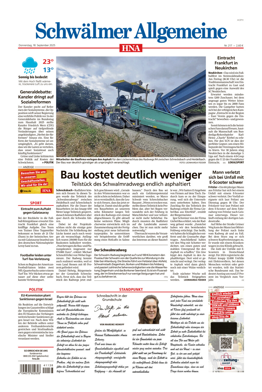 Schwälmer Allgemeine vom Donnerstag, 18.09.2025