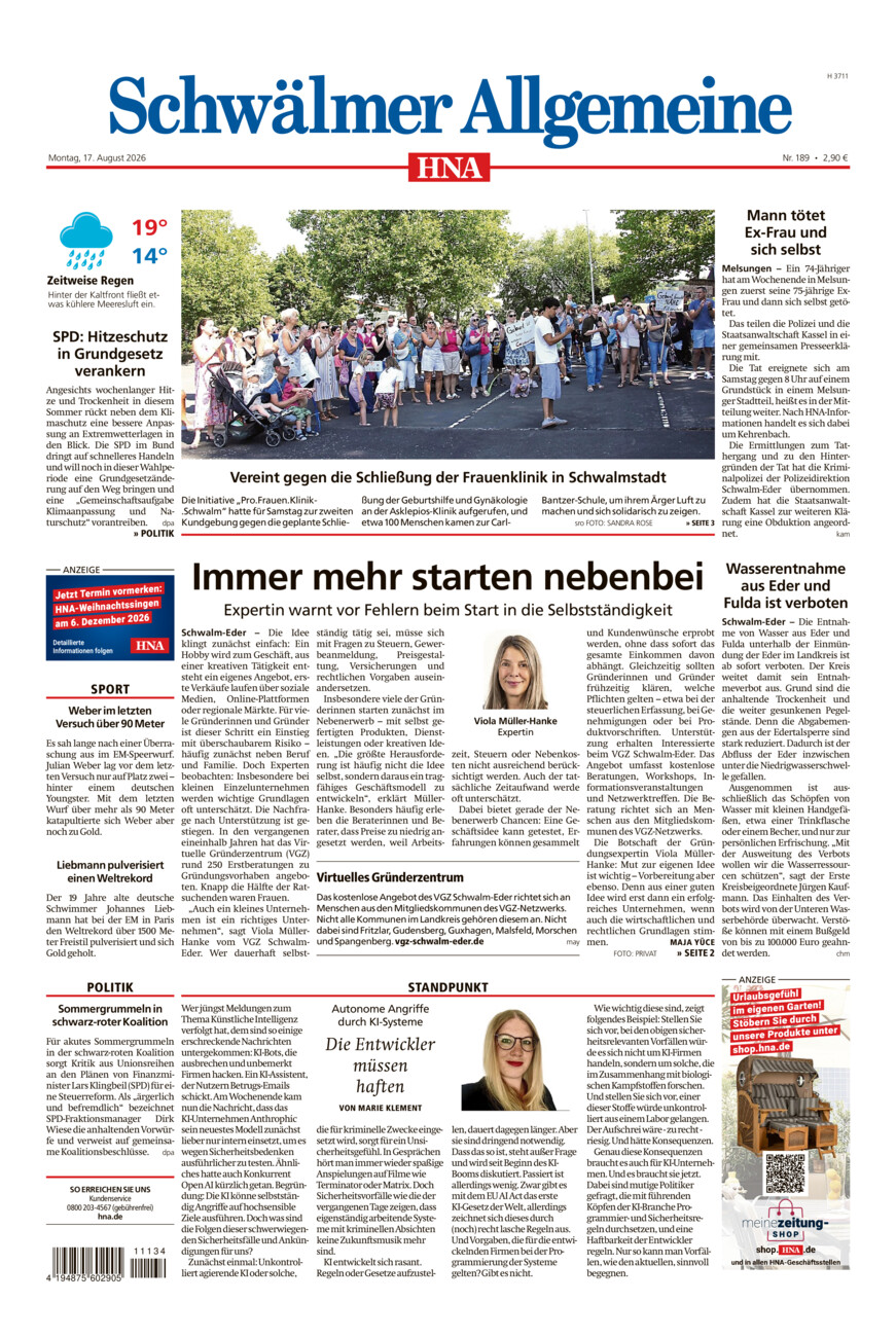 Schwälmer Allgemeine vom Montag, 17.08.2026