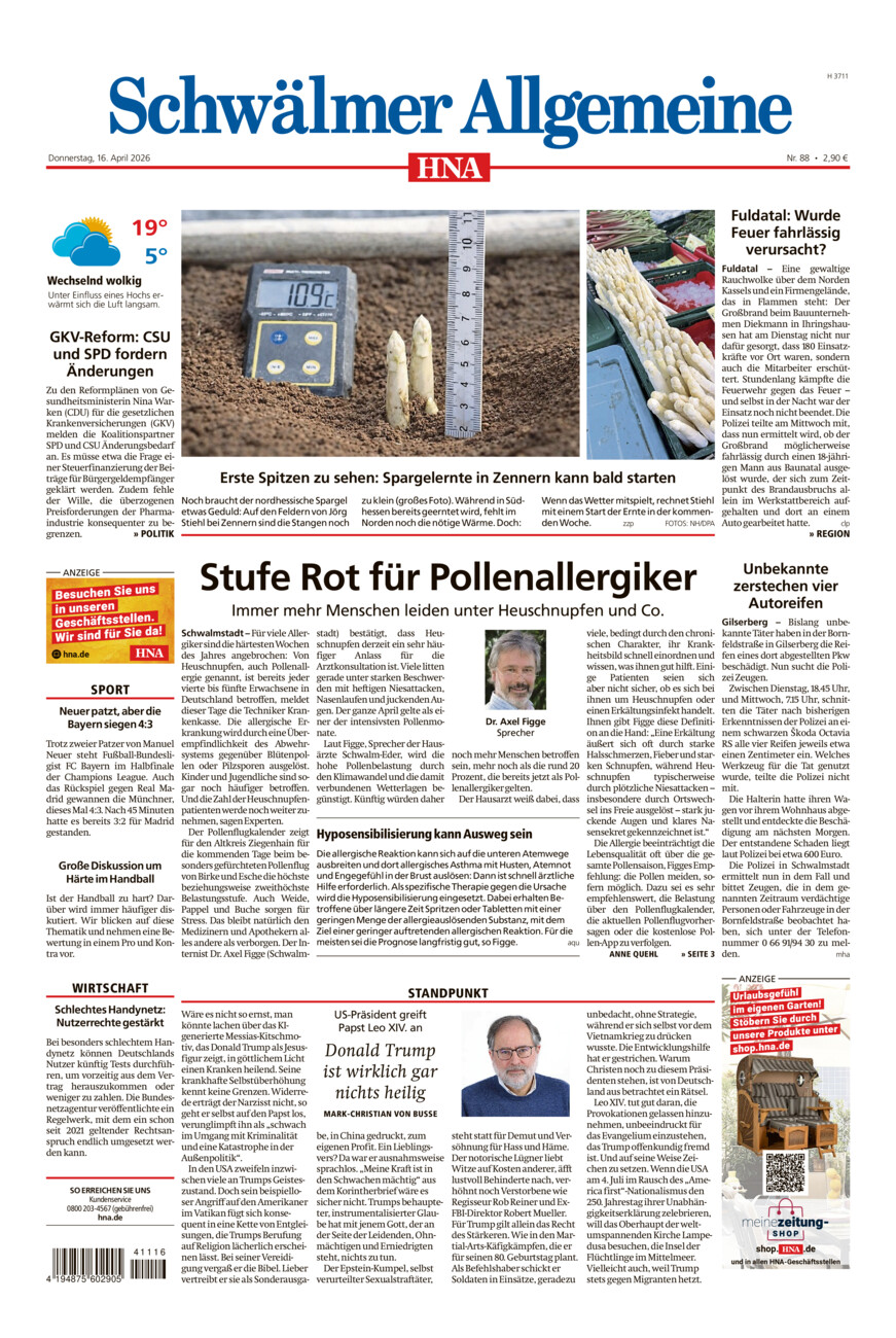 Schwälmer Allgemeine vom Donnerstag, 16.04.2026