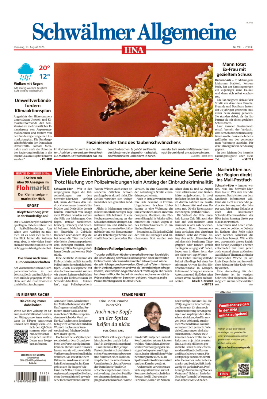 Schwälmer Allgemeine vom Dienstag, 18.08.2026