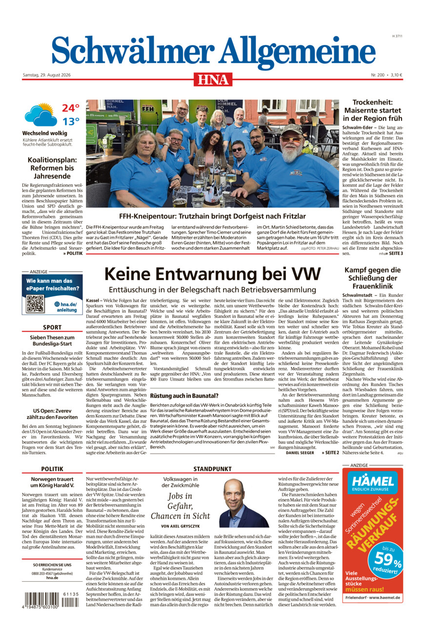 Schwälmer Allgemeine vom Samstag, 29.08.2026