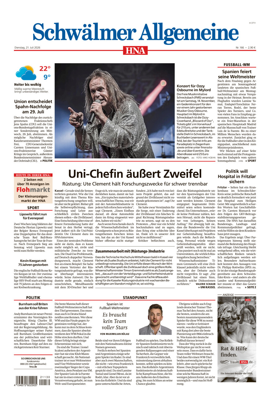 Schwälmer Allgemeine vom Dienstag, 21.07.2026
