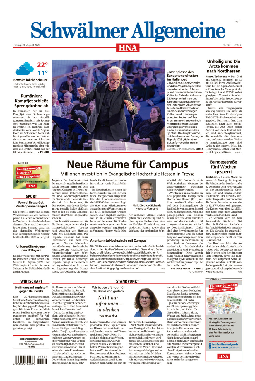 Schwälmer Allgemeine vom Freitag, 21.08.2026