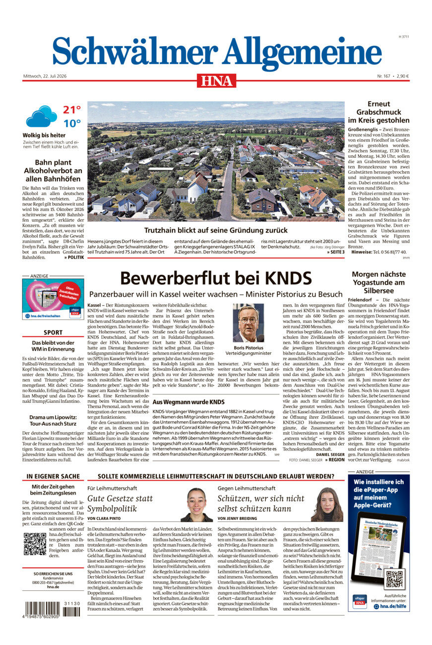Schwälmer Allgemeine vom Mittwoch, 22.07.2026