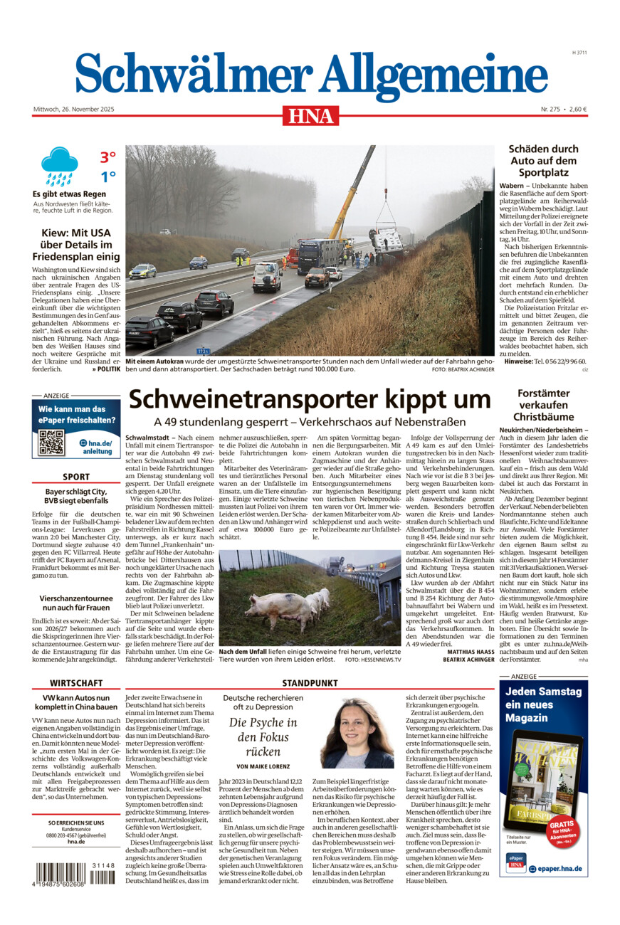 Schwälmer Allgemeine vom Mittwoch, 26.11.2025