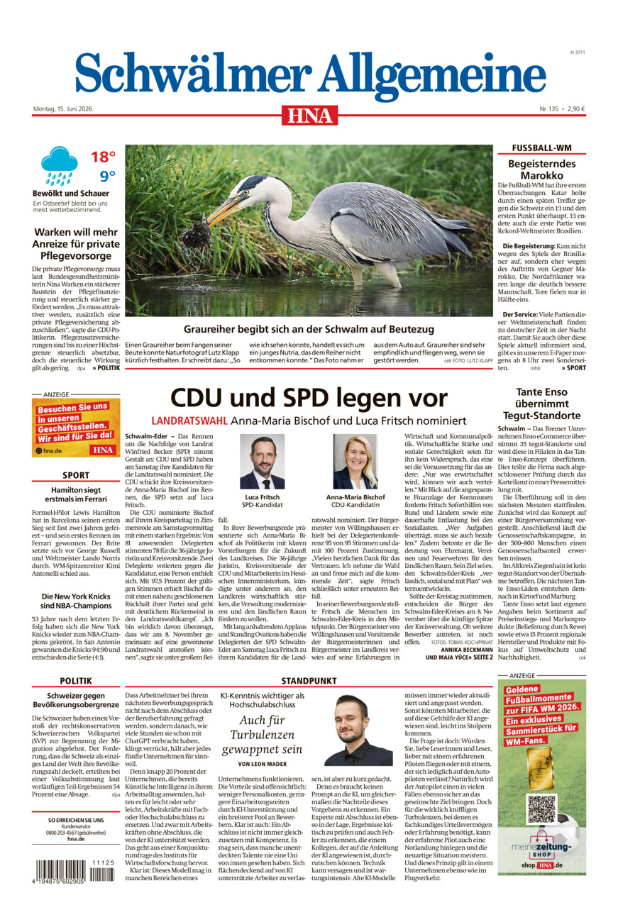 Schwälmer Allgemeine vom Montag, 15.06.2026