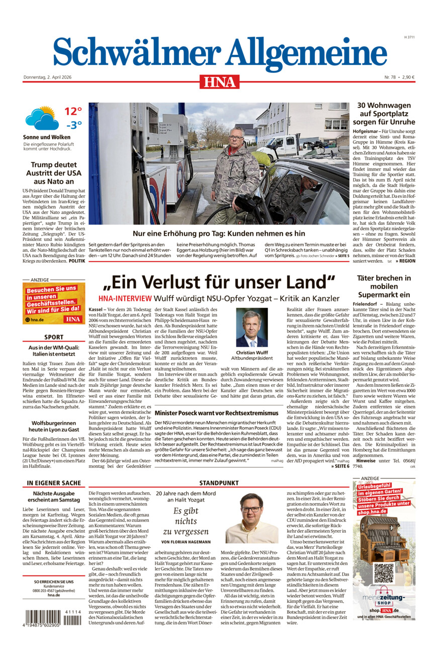 Schwälmer Allgemeine vom Donnerstag, 02.04.2026