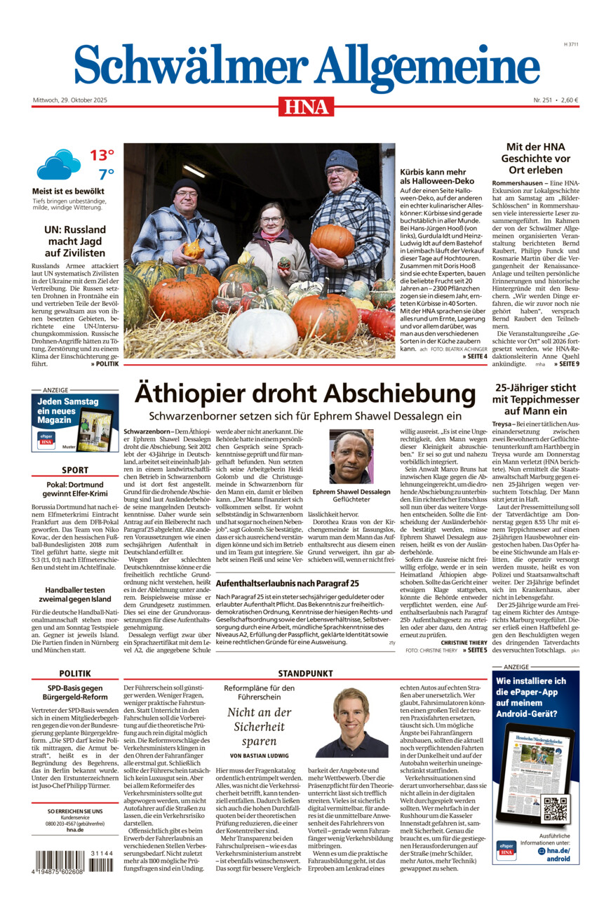 Schwälmer Allgemeine vom Mittwoch, 29.10.2025