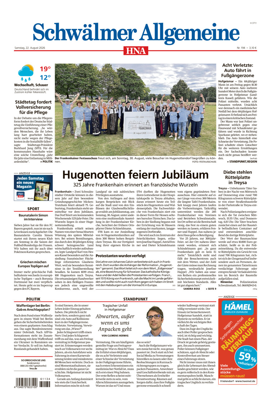 Schwälmer Allgemeine vom Samstag, 22.08.2026