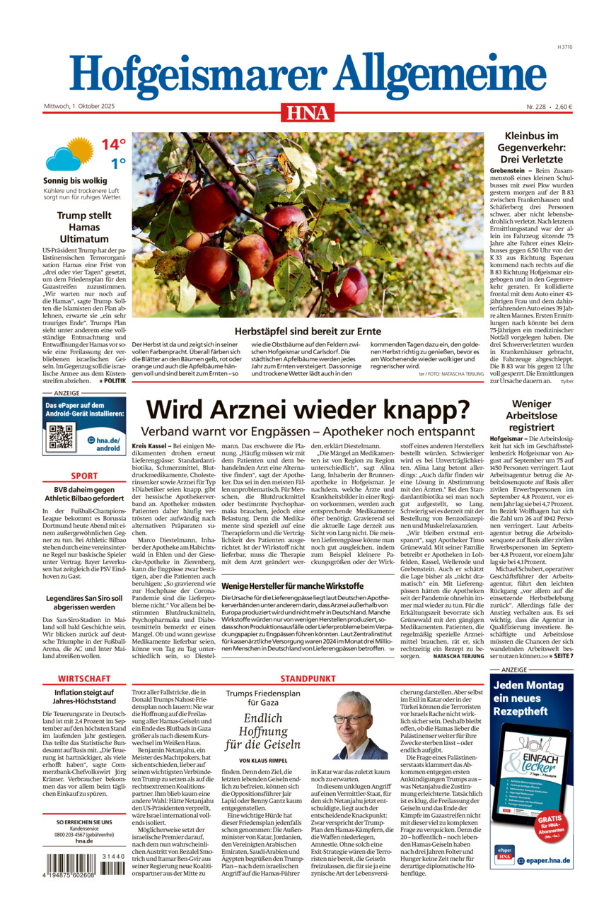 Hofgeismarer Allgemeine vom Mittwoch, 01.10.2025