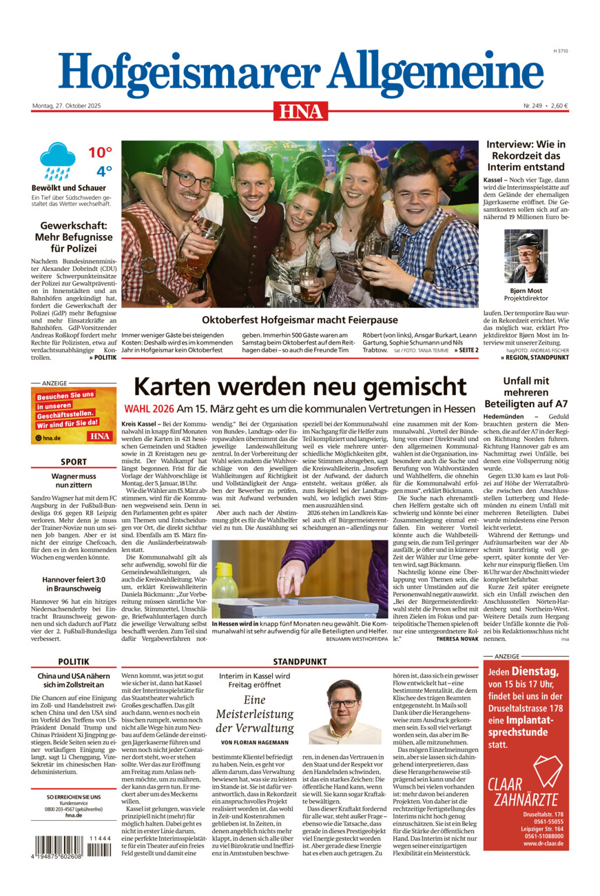 Hofgeismarer Allgemeine vom Montag, 27.10.2025