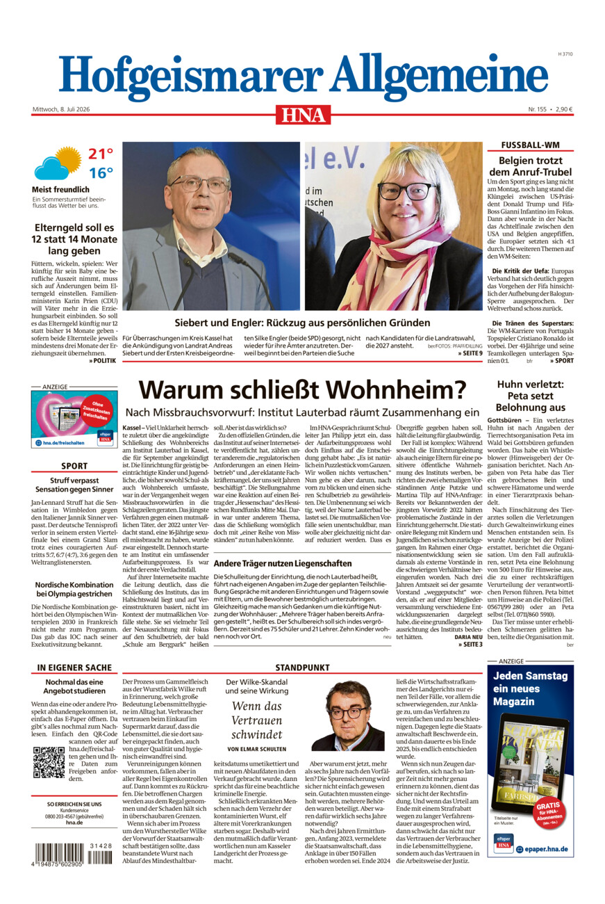 Hofgeismarer Allgemeine vom Mittwoch, 08.07.2026