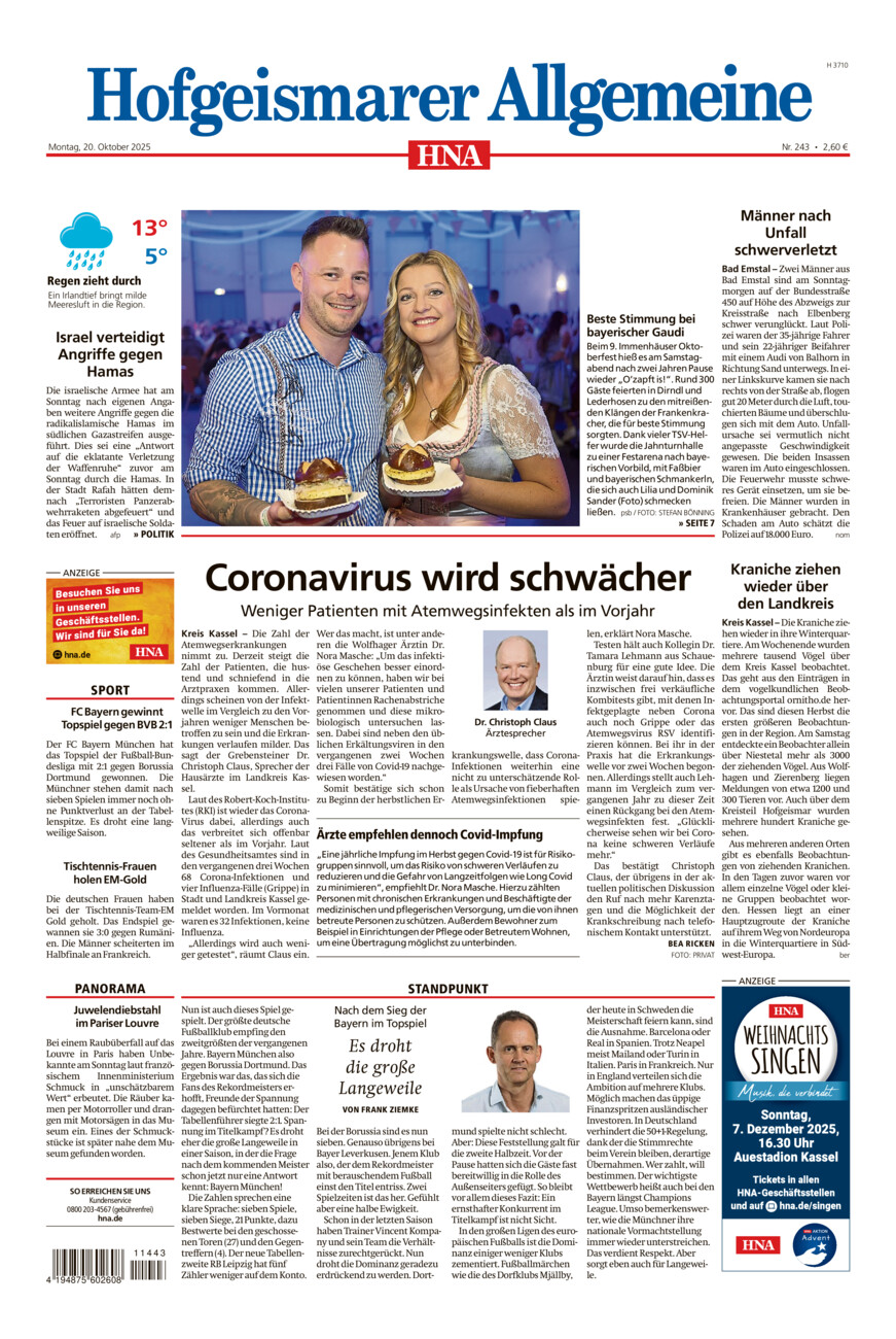 Hofgeismarer Allgemeine vom Montag, 20.10.2025