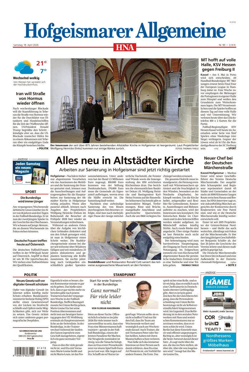 Hofgeismarer Allgemeine vom Samstag, 18.04.2026