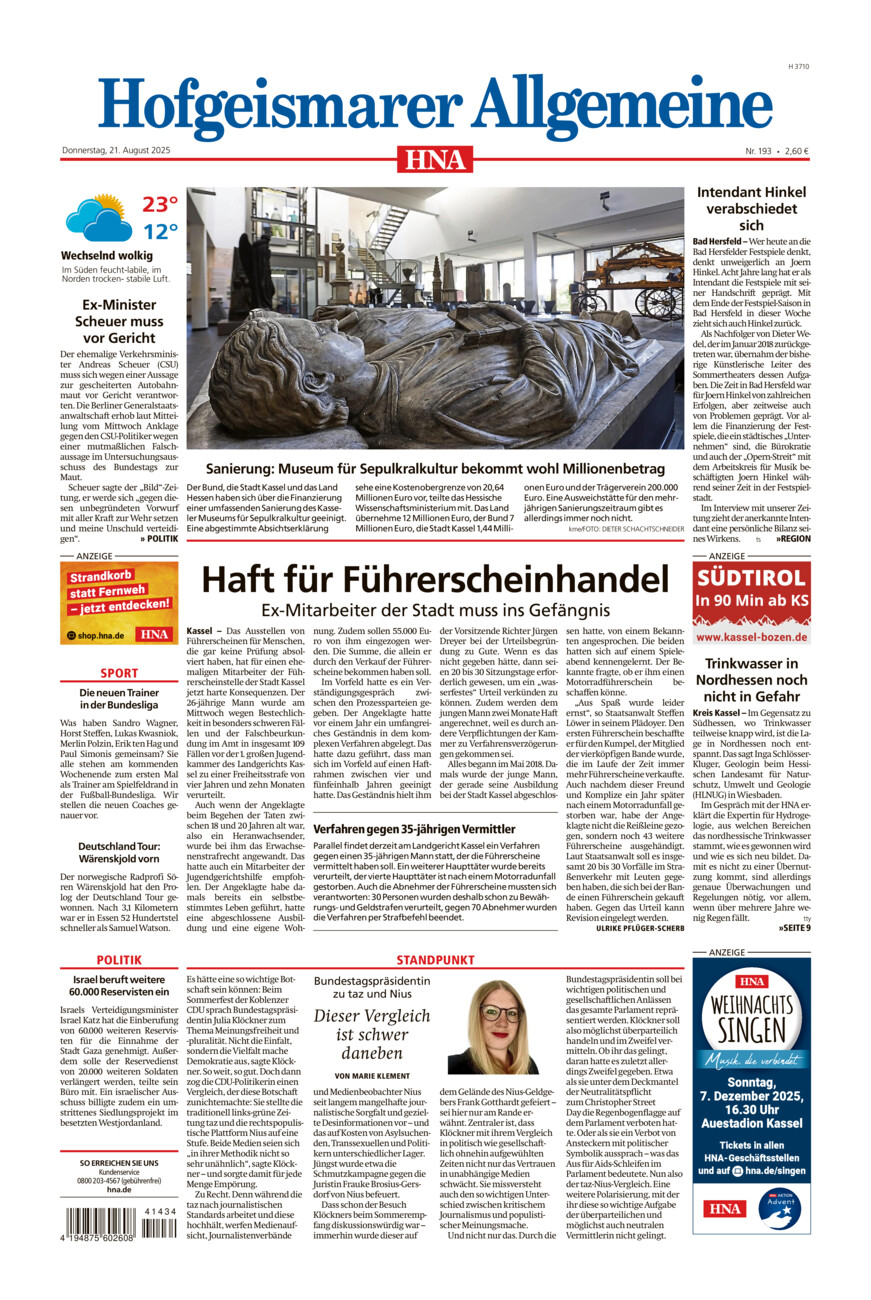 Hofgeismarer Allgemeine vom Donnerstag, 21.08.2025