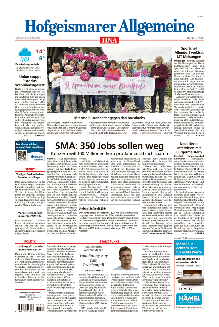 Hofgeismarer Allgemeine vom Samstag, 04.10.2025