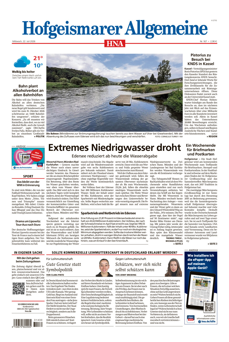 Hofgeismarer Allgemeine vom Mittwoch, 22.07.2026