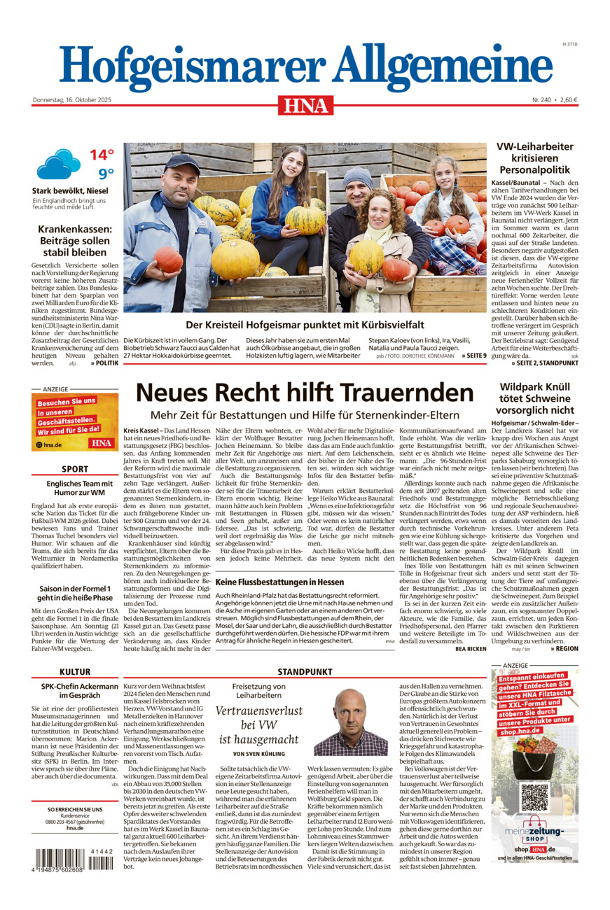 Hofgeismarer Allgemeine vom Donnerstag, 16.10.2025
