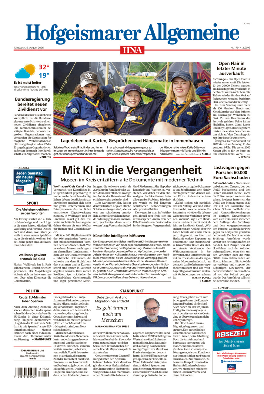 Hofgeismarer Allgemeine vom Mittwoch, 05.08.2026