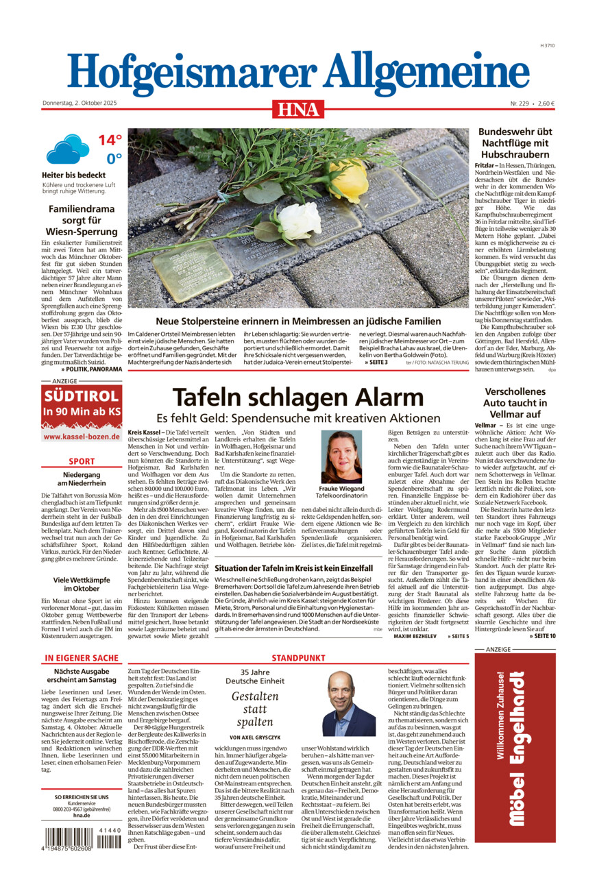 Hofgeismarer Allgemeine vom Donnerstag, 02.10.2025