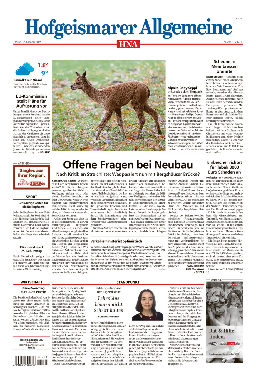 Hofgeismarer Allgemeine vom Freitag, 17.10.2025