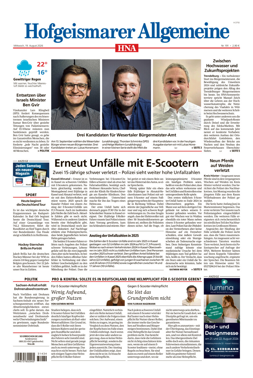 Hofgeismarer Allgemeine vom Mittwoch, 19.08.2026