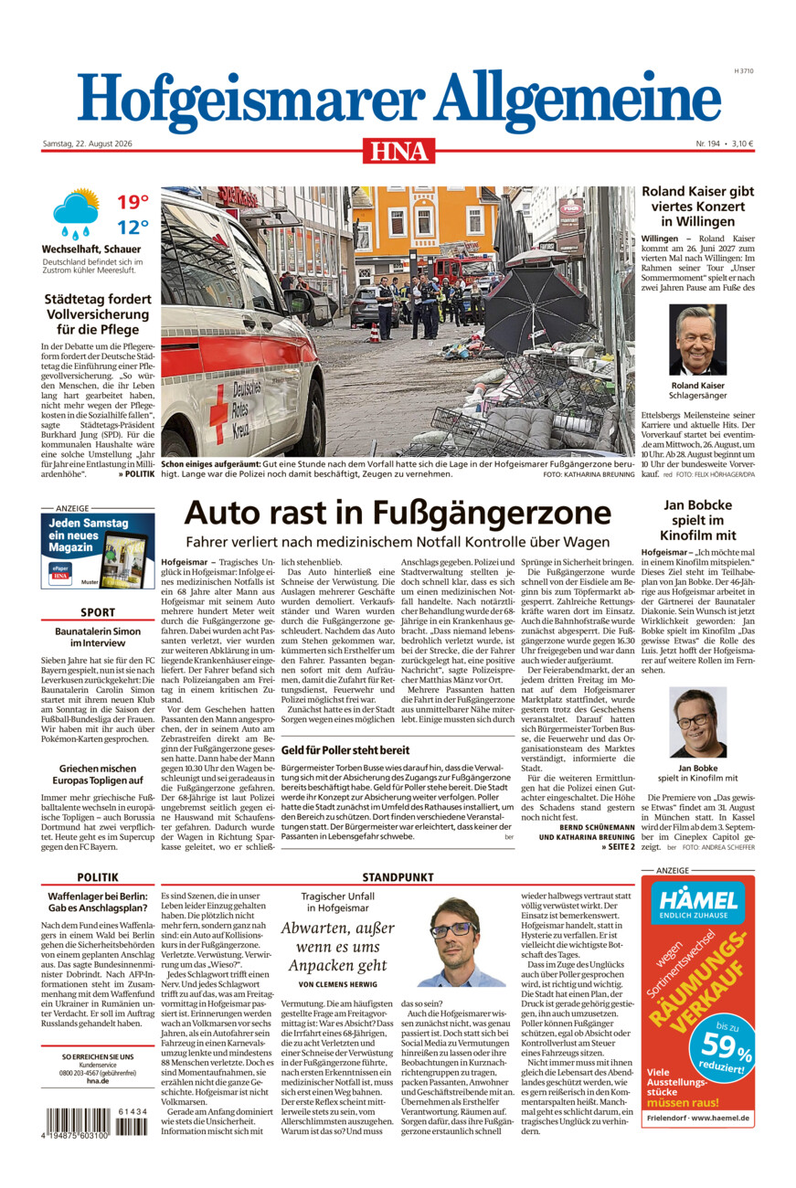 Hofgeismarer Allgemeine vom Samstag, 22.08.2026