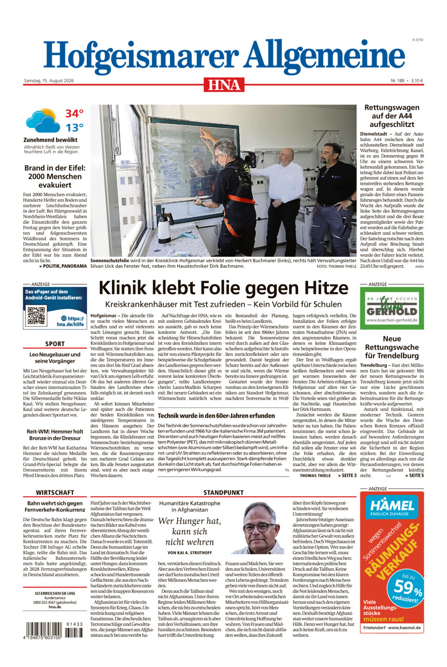 Hofgeismarer Allgemeine vom Samstag, 15.08.2026
