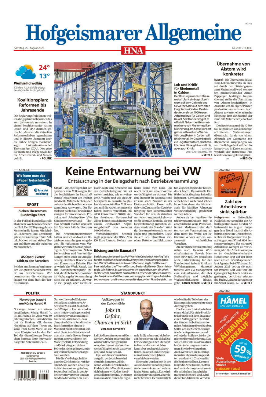 Hofgeismarer Allgemeine vom Samstag, 29.08.2026