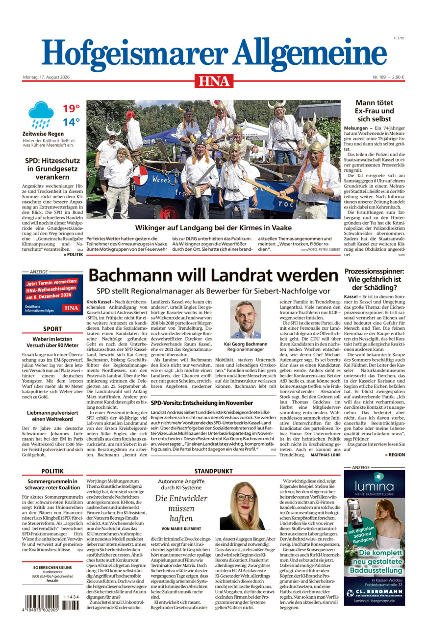 Hofgeismarer Allgemeine vom Montag, 17.08.2026